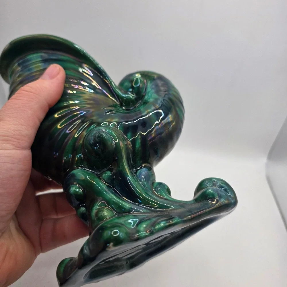 Vintage Iridescent Green Nautilus Shell Vase Ceramic Luster Coastal Art Pottery